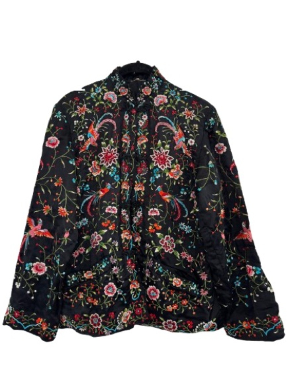 Vintage Plum Blossoms Silk Hand Embroidered Floral Birds Mandarin Jacket Black